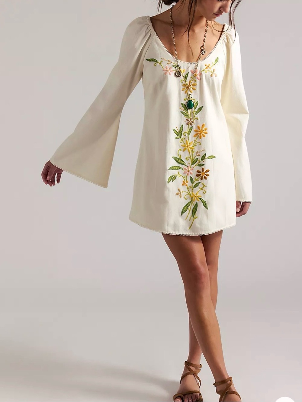 Embroidered Cream Bell-Sleeve Mini Dress